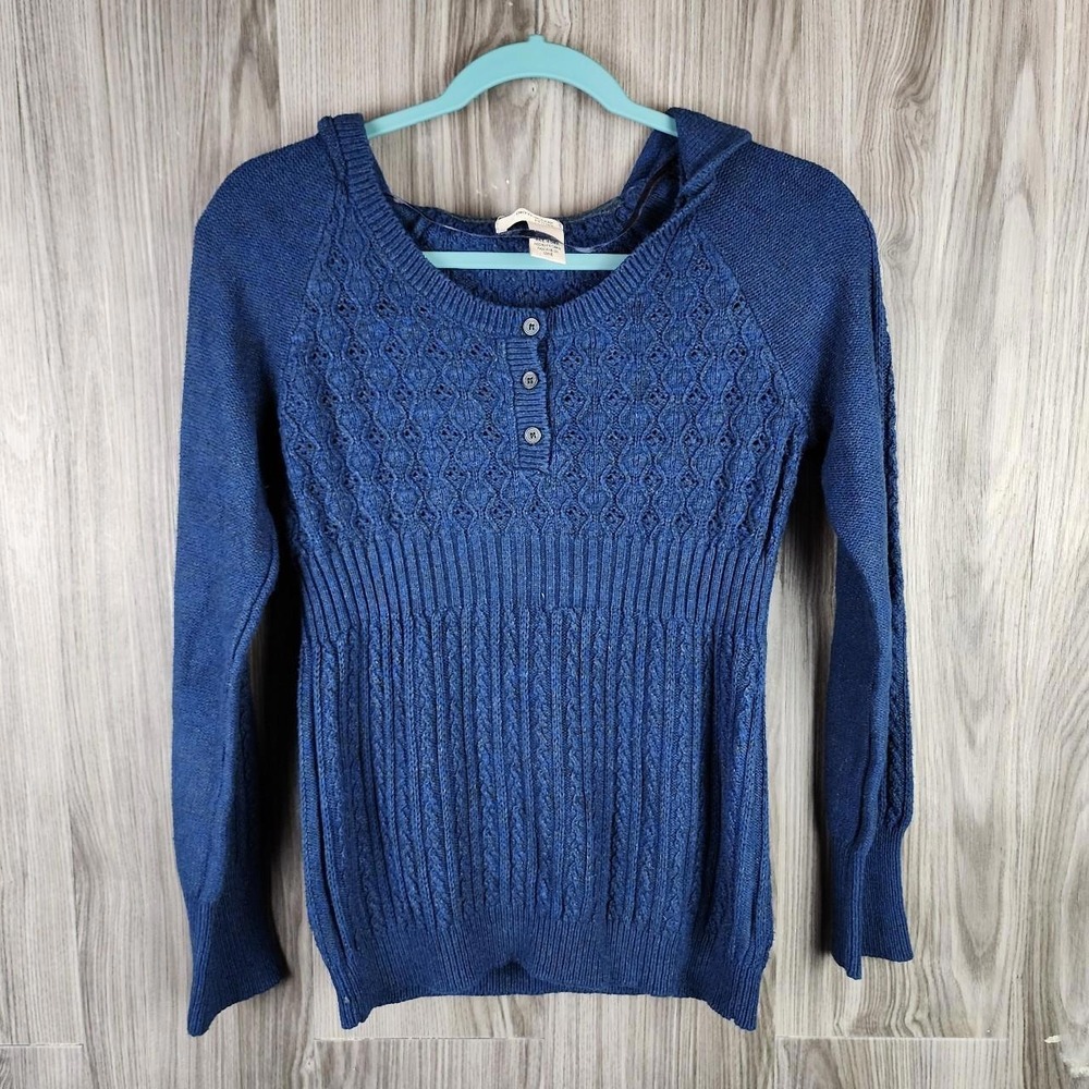 DKNY Jeans Cable Knit Multi Colored‎ Thread Acrylic Hooded Sweater Petites Sz M